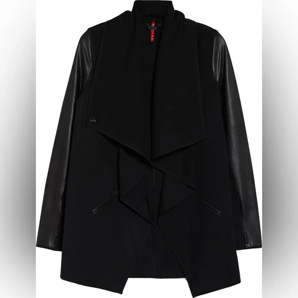 SPANX Black Faux Leather Drape Front Convertible Ponte Jacket SZ S